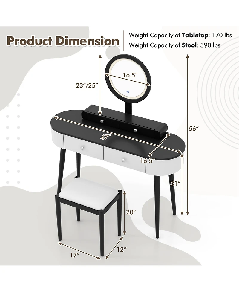 Solid Wood Makeup Vanity Desk Set with Led Lighted Mirror Drawers Cushioned Stool