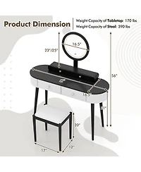 Solid Wood Makeup Vanity Desk Set with Led Lighted Mirror Drawers Cushioned Stool