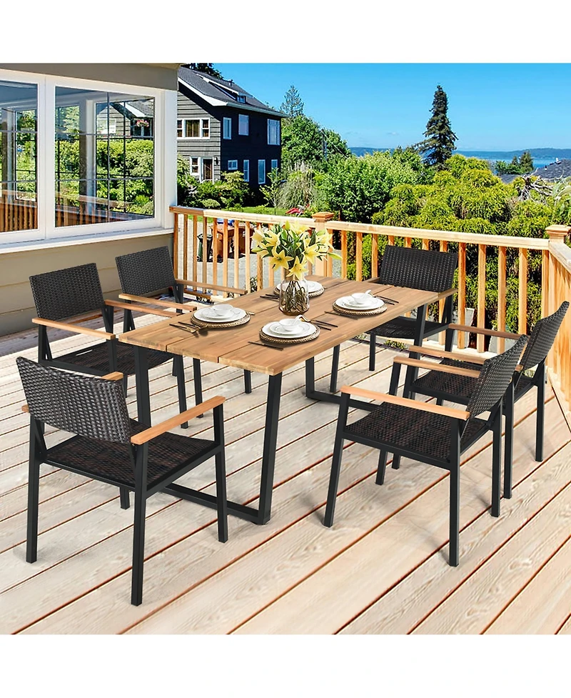 Gymax Patented 7PCS Patio Garden Dining Set Outdoor Dining Furniture Set w/ Umbrella Hole