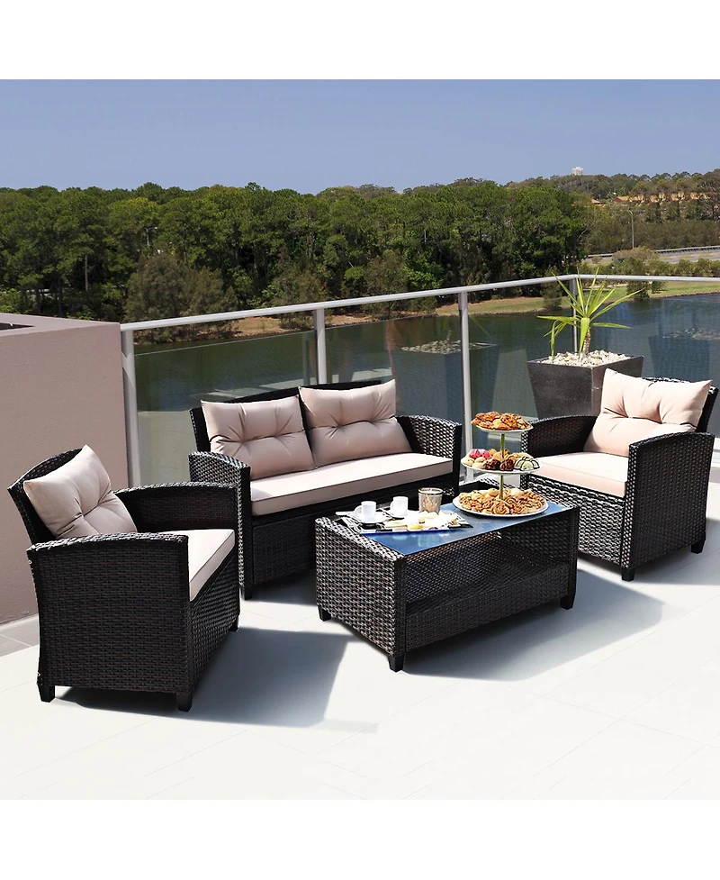Gymax 4pcs Outdoor Rattan Furniture Set Cushioned Sofa w/Armrest Home