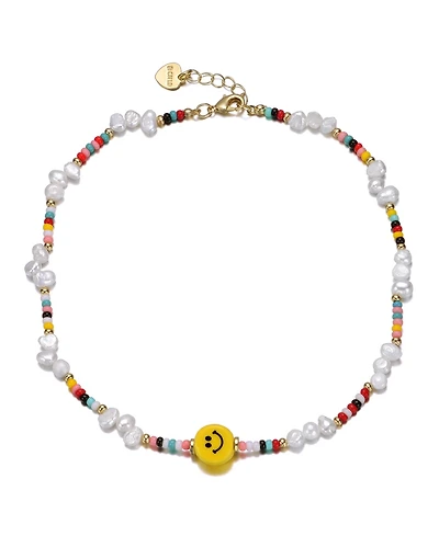 GiGiGirl 14k Yellow Gold Plated Multi Color Beads Necklace with Freshwater Pearls and a Smiley Charm for Kids