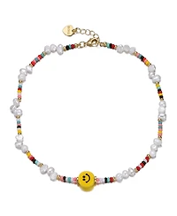 GiGiGirl 14k Yellow Gold Plated Multi Color Beads Necklace with Freshwater Pearls and a Smiley Charm for Kids