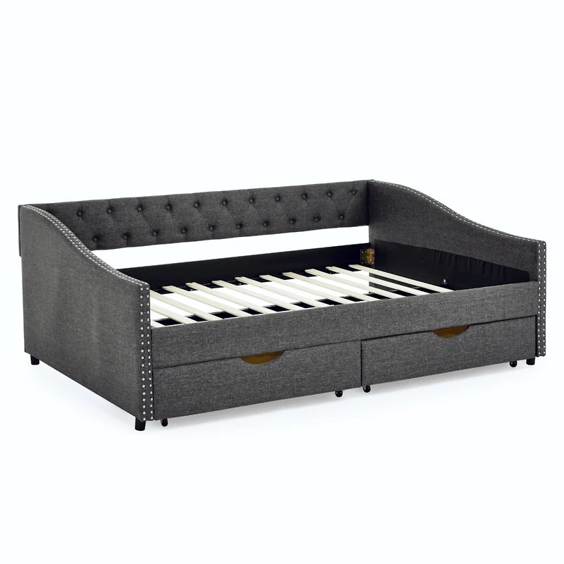 Simplie Fun Upholstered Tufted Daybed with Drawers and Copper Nail Detail