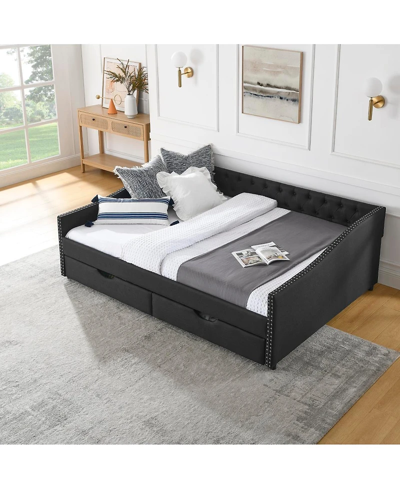 Upholstered Queen Size Daybed with Drawers