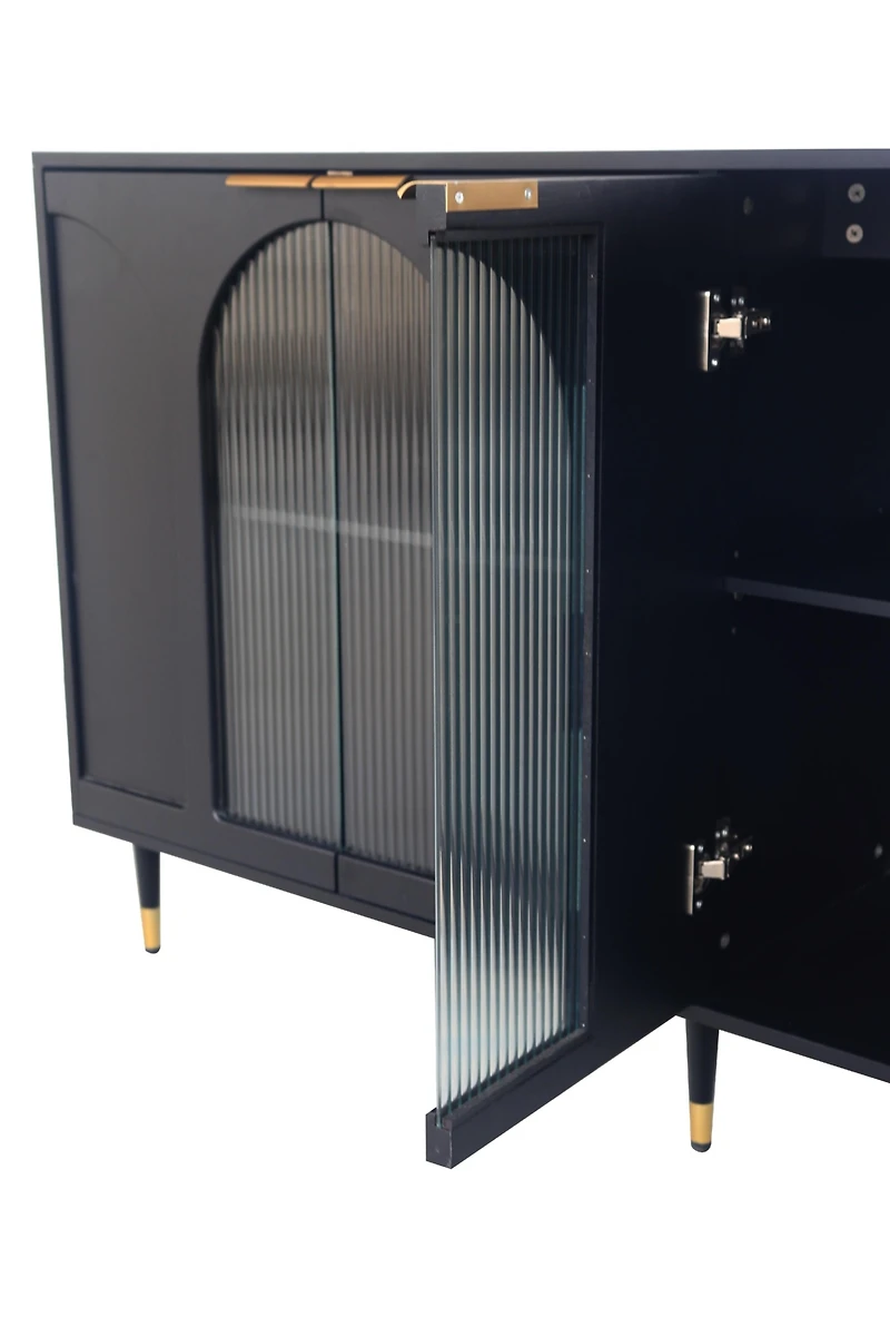 Black Lacquered Wooden Accent Cabinet with Glass Doors, 4-Door Storage Buffet