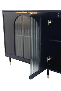 Black Lacquered Wooden Accent Cabinet with Glass Doors, 4-Door Storage Buffet