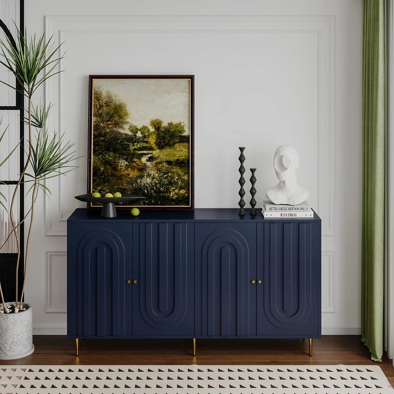 Streamdale Blue Lacquered 4 Door Wooden Sideboard Buffet Cabinet