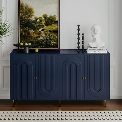 Streamdale Blue Lacquered 4 Door Wooden Sideboard Buffet Cabinet