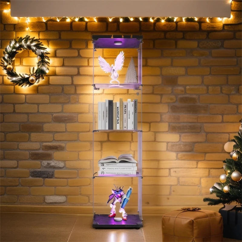 Streamdale Furniture Lighted 4 Shelves Glass Cabinet Glass Display Cabinet With One Door, Black