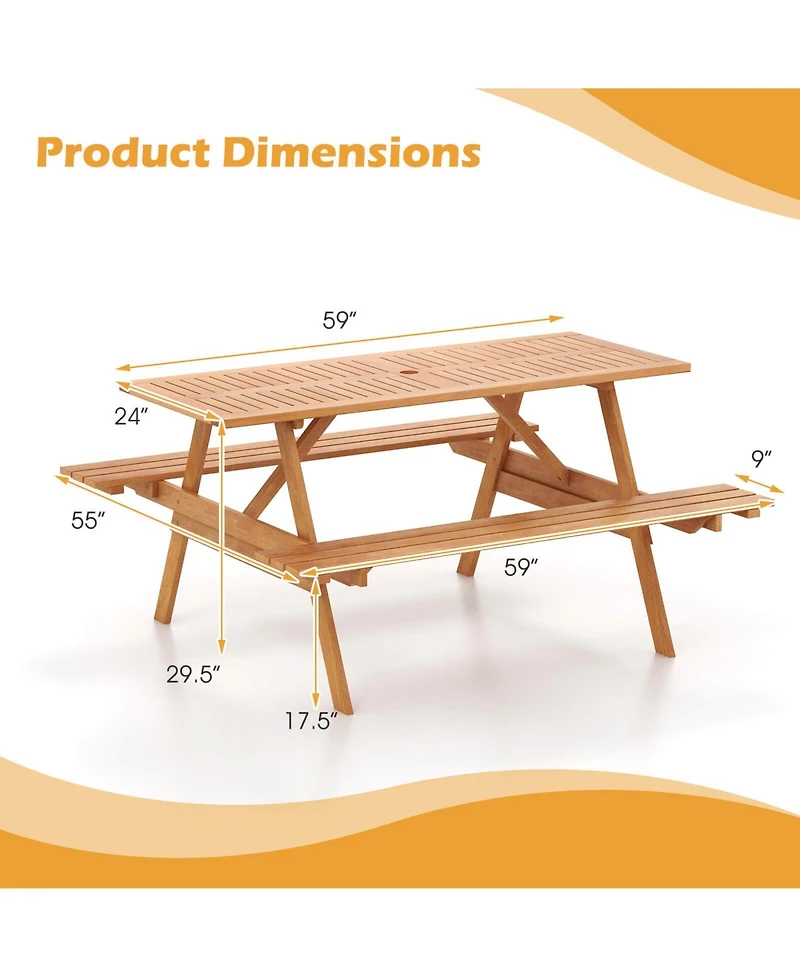 Gymax 6 Person Picnic Table Set w/ Table 2 Built-in Benches 2'' Umbrella Hole Patio
