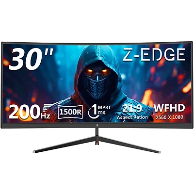 Z-edge 30 inch Uwfhd 2560 x 1080 21:9 Ultra Wide 200 Hz 1 ms 1500R Curved Gaming Monitor, FreeSync, Pip / Pbp, Hdmi x 2, Dp x 2,