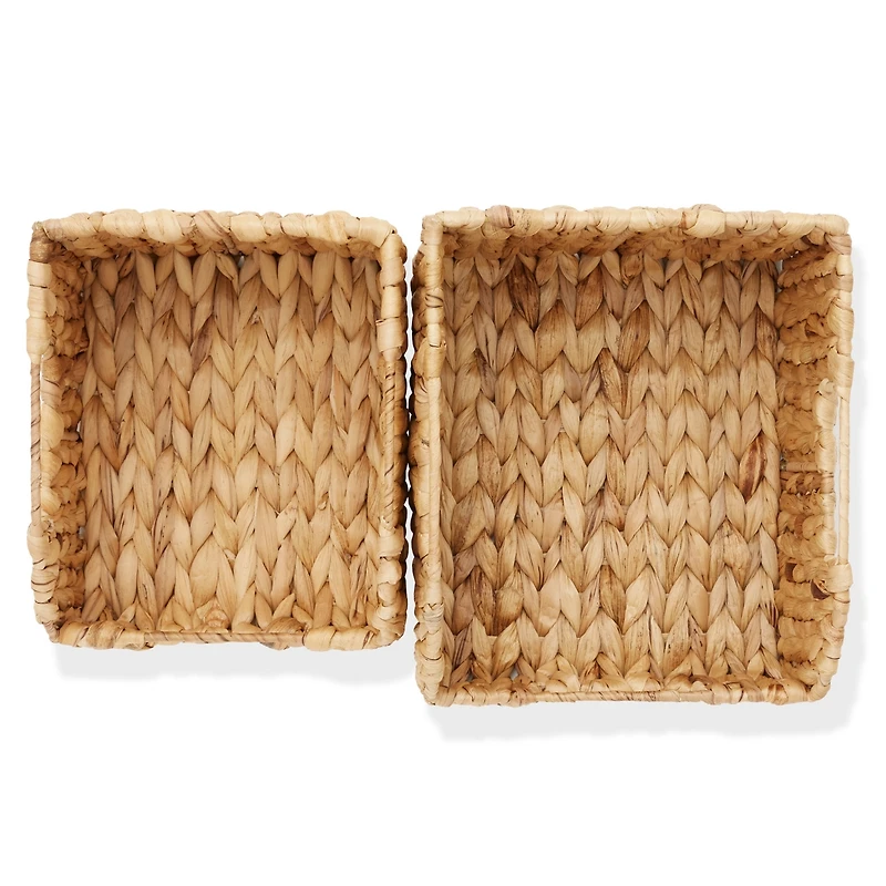 Casafield (Set of 2) Water Hyacinth Pantry Baskets with Handles - Natural, Medium and Large Size Woven Storage Baskets for Kitchen Shelves - Natural
