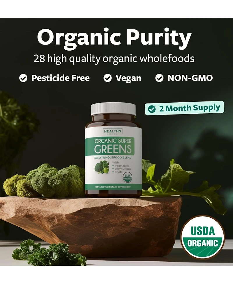 Organic Super Greens Tablets, Complete Superfood Supplement for Super Antioxidants, Energy, Gut Health, and Immune Support, Health's Harmony