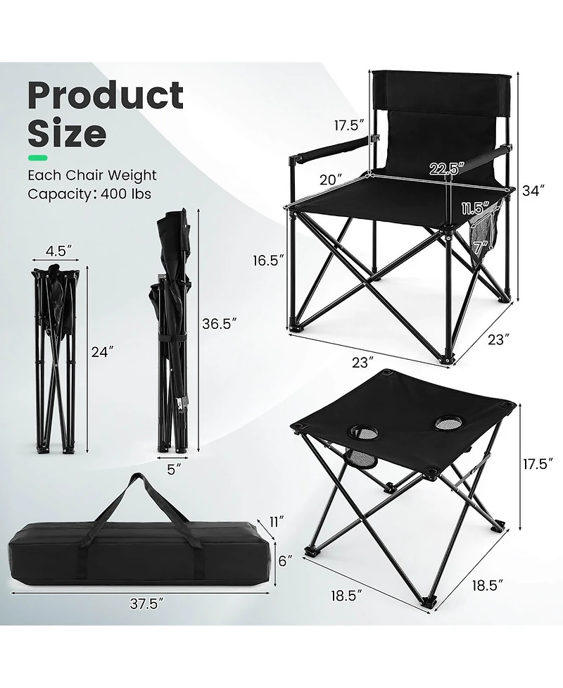 Gymax Folding Camping Chair Set of 3 Portable Lawn Chair & Side Table w/ 2 Cup Holders