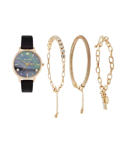 Jessica Carlyle Women's Black Faux-Leather Strap Watch 34mm Gift Set