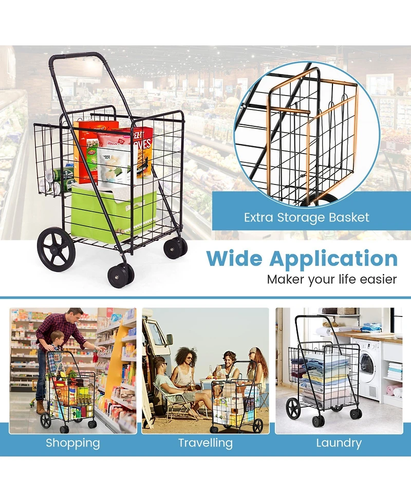Sugift Folding Shopping Cart with Swiveling Wheels and Dual Storage Baskets
