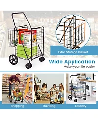 Sugift Folding Shopping Cart with Swiveling Wheels and Dual Storage Baskets