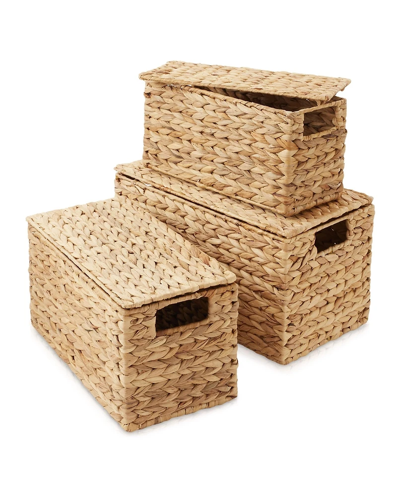 Casafield Set of 3 Water Hyacinth Storage Baskets with Lids, Natural - Small, Medium, Large