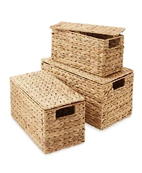 Casafield Set of 3 Water Hyacinth Storage Baskets with Lids, Natural - Small, Medium, Large