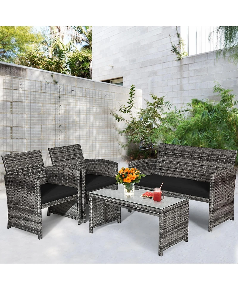 Gymax 8PCS Patio Outdoor Rattan Conversation Furniture Set w/ Black Cushion