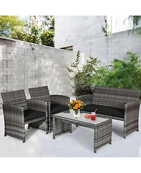 Gymax 8PCS Patio Outdoor Rattan Conversation Furniture Set w/ Black Cushion