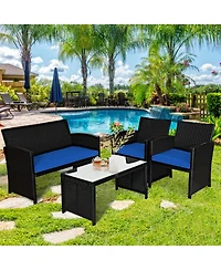 Gymax 4PCS Rattan Outdoor Conversation Set Patio Furniture Set w/ Navy Cushions