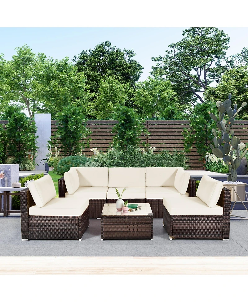 Gymax 6PCS Rattan Outdoor Sectional Sofa Set Patio Furniture Set w/ White Cushions
