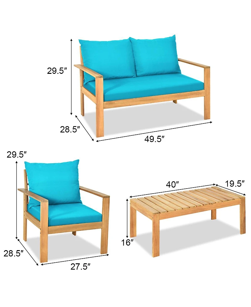 Gymax 4PCS Patio Acacia Wood Conversation Furniture Set w/ Turquoise Cushions