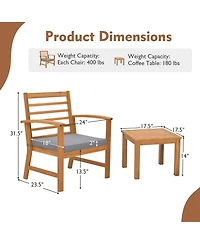 3 Pcs Outdoor Furniture Set Acacia Wood Conversation with Soft Seat Cushions