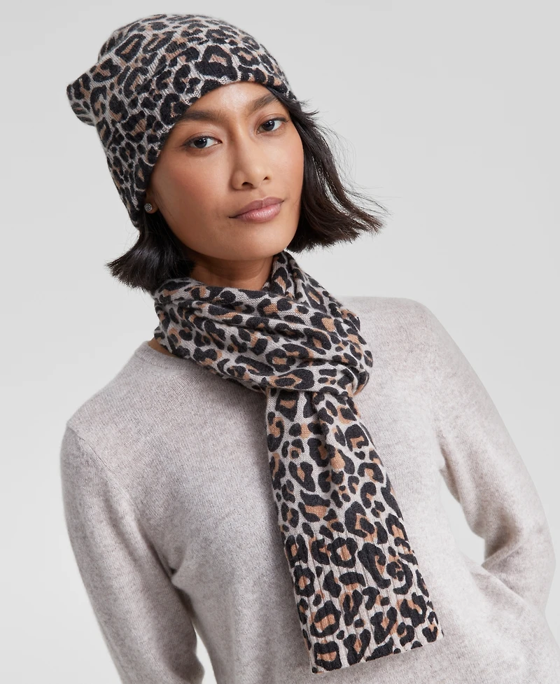 Charter Club Cashmere Leopard Cuffed Beanie, Created for Macy's
