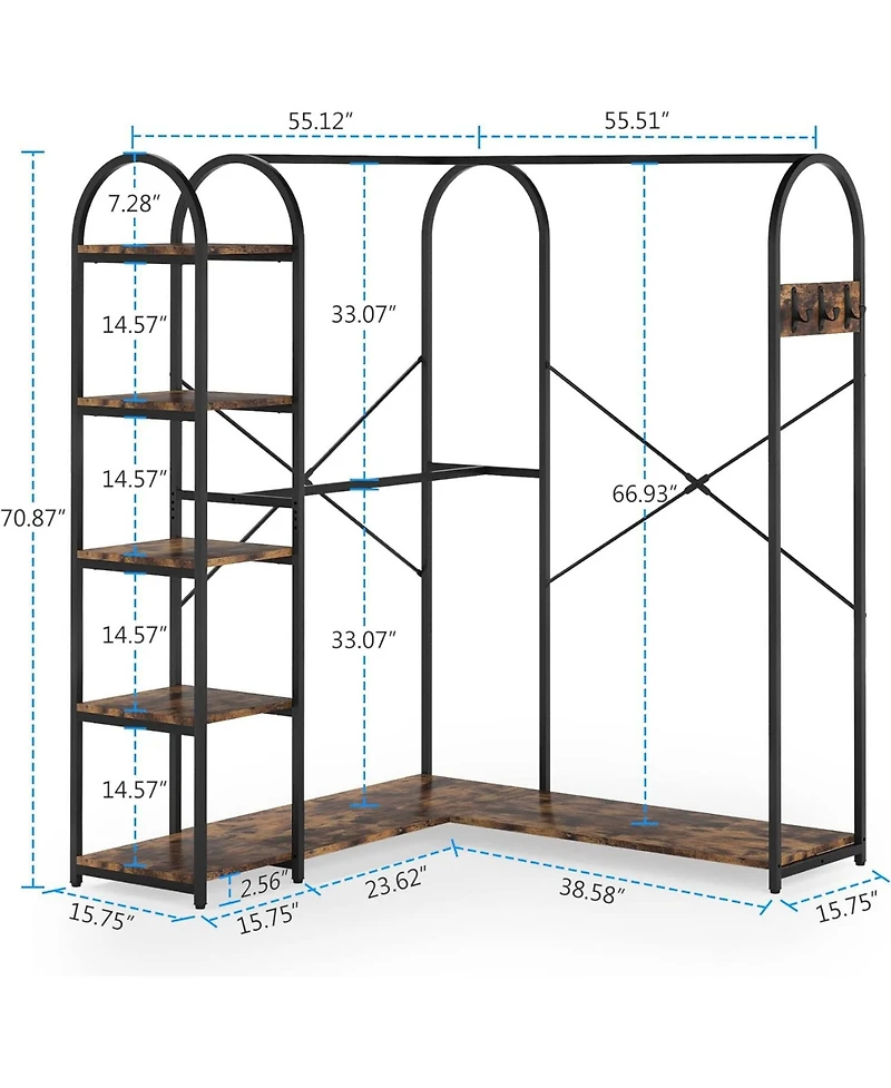 Tribesigns L-Shaped Garment Rack with Shelves, Heavy Duty Corner Clothes Rack with Coat Hooks, Anti-toppling Device, Cloth Hanger Standing Clothing Ra