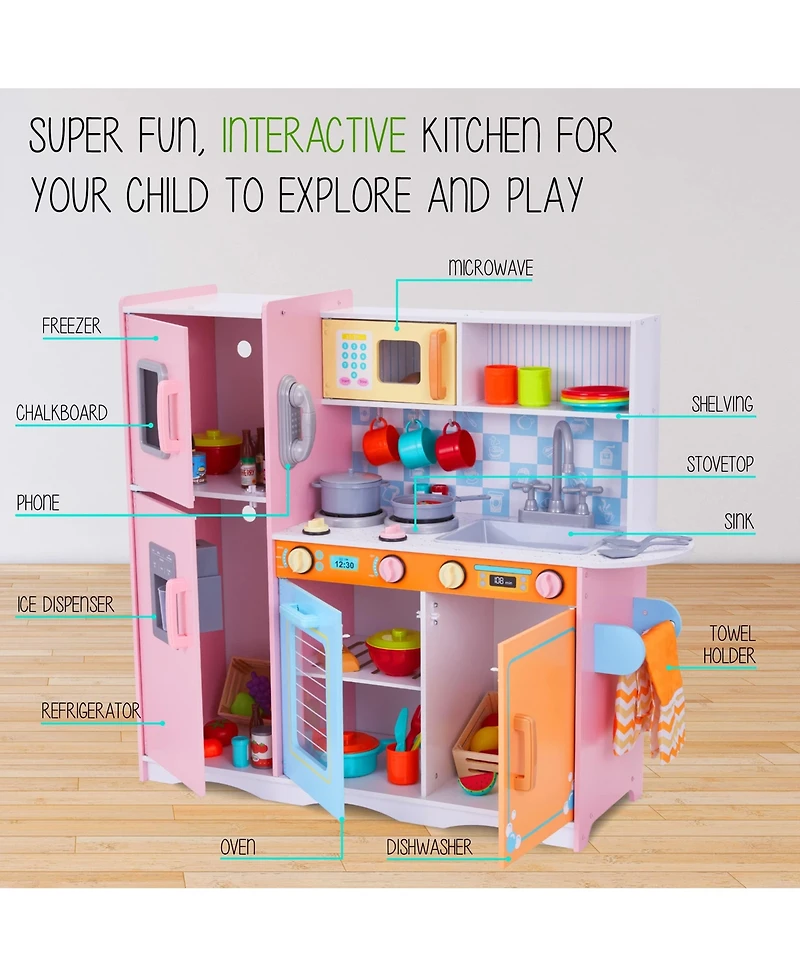 Lil' Jumbl Kids Kitchen Set, Wooden Pretend Play Kitchen - Pink Colorful