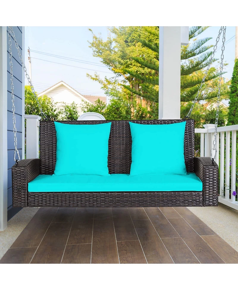 Sugift 2-Person Wicker Hanging Porch Swing with 2 Back Cushions and 1 Seat Cushion