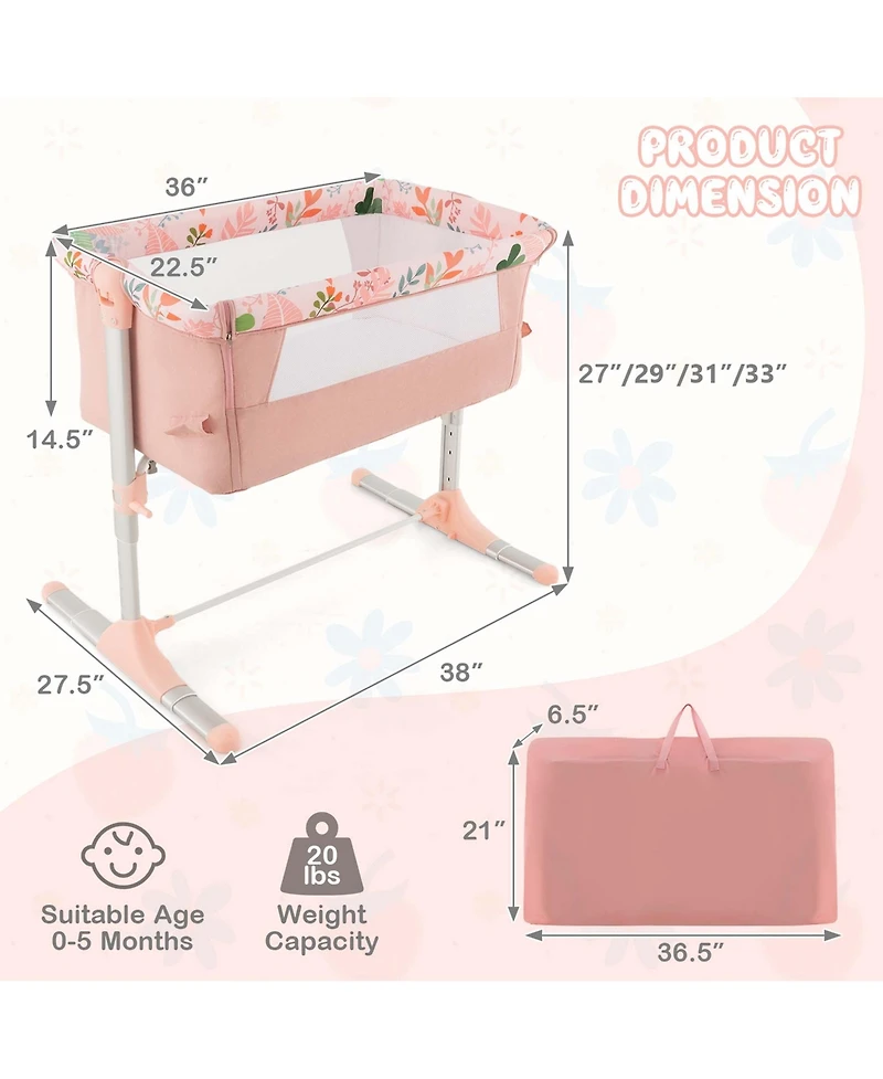 Costway Folding Baby Bassinet Bedside Sleeper with 4 Adjustable Heights, Retractable Feet
