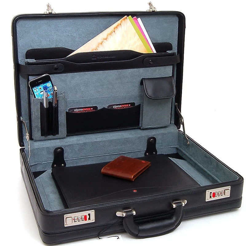 Alpine Swiss Mens Briefcase Expandable Genuine Leather Attache Briefcase For Men Dual Combination Lock Business Case