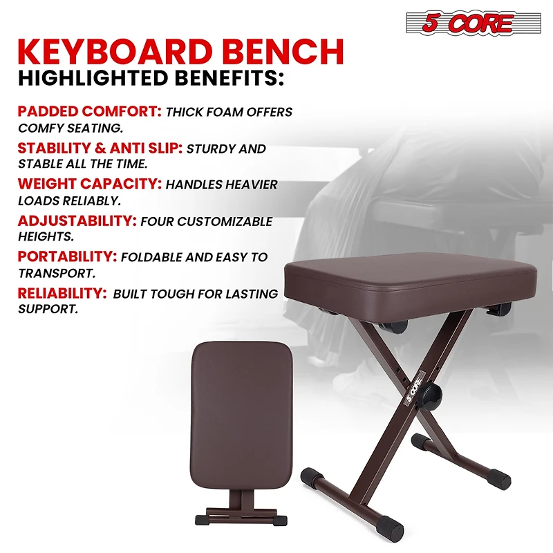5 Core Keyboard Bench 3" Padded Cushioned Piano Stool Height Adjustable Guitar Seat Folding Portable