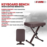 5 Core Keyboard Bench 3" Padded Cushioned Piano Stool Height Adjustable Guitar Seat Folding Portable