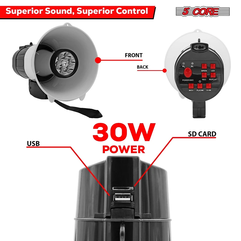 5 Core Megaphone Portable 30W BullhornSiren w Led Adjustable Volume Bull Horn Loudspeaker 800 Yard Range 148 Led