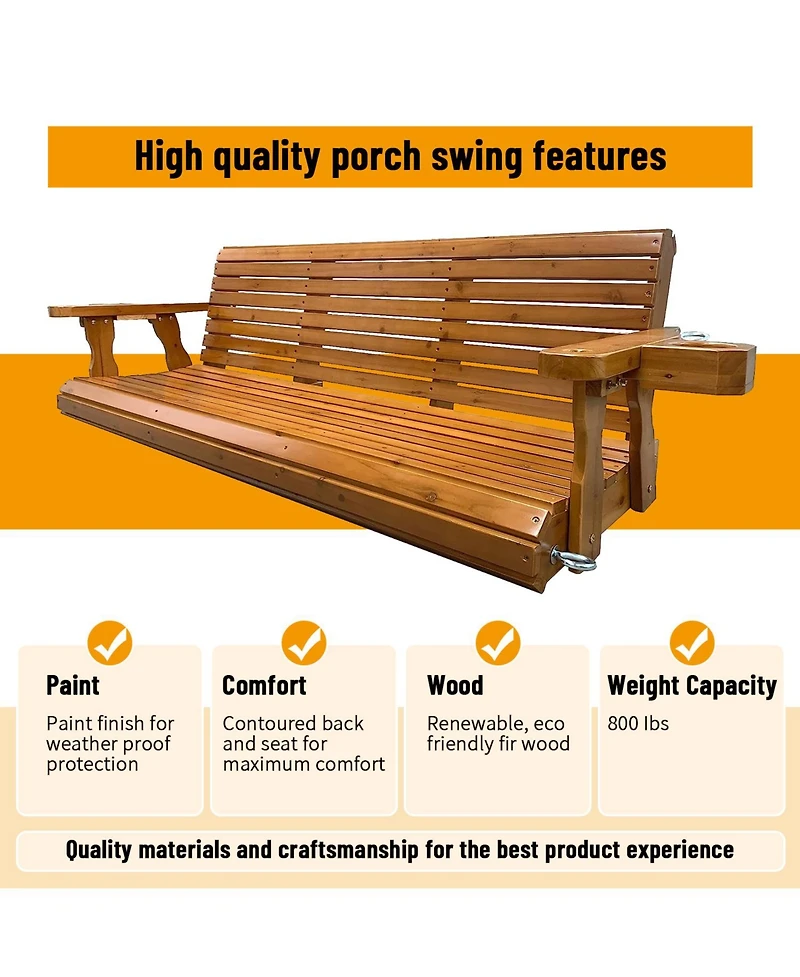 Wooden Porch Swing 3-Seater, Bench Swing with Cupholders, Hanging Chains and 7mm Springs, Heavy Duty 800 Lbs, for Outdoor Patio Garden Yard