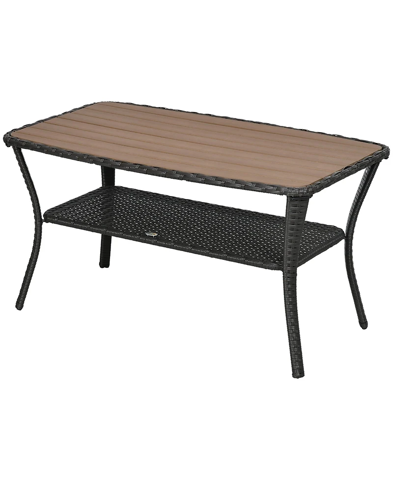 Outsunny Rattan Outdoor Coffee Table w/ 2-Layer Storage Shelf, Mixed Brown
