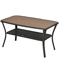 Outsunny Rattan Outdoor Coffee Table w/ 2-Layer Storage Shelf, Mixed Brown