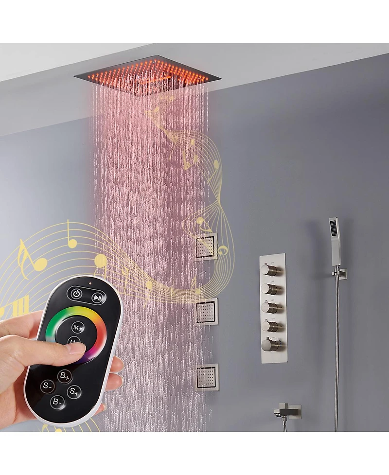 Mondawe 16" Ceiling Mounted Led Music Thermostatic Shower System Set with Handheld Spray & 3 Body Jets, Brushed Nickel
