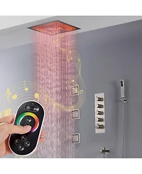Mondawe 16" Ceiling Mounted Led Music Thermostatic Shower System Set with Handheld Spray & 3 Body Jets, Brushed Nickel