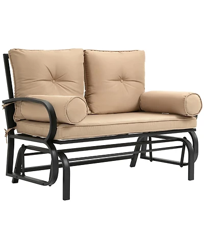 Outsunny Outdoor Rocking Loveseat, Patio Glider Bench, Cushions, Pillow Armrests, Khaki