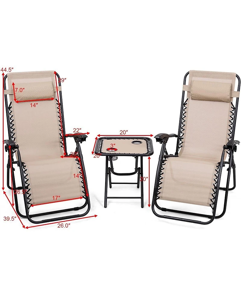 Inolait 3 Pieces Folding Portable Zero Gravity Reclining Lounge Chairs Table Set Outoor Conversation Sets