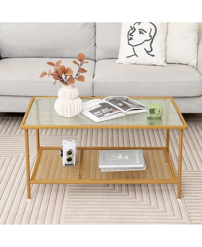 Costway 2-Tier Coffee Table with Shelf with Tempered Glass Top & Metal Frame Living Room