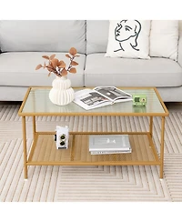 Costway 2-Tier Coffee Table with Shelf with Tempered Glass Top & Metal Frame Living Room