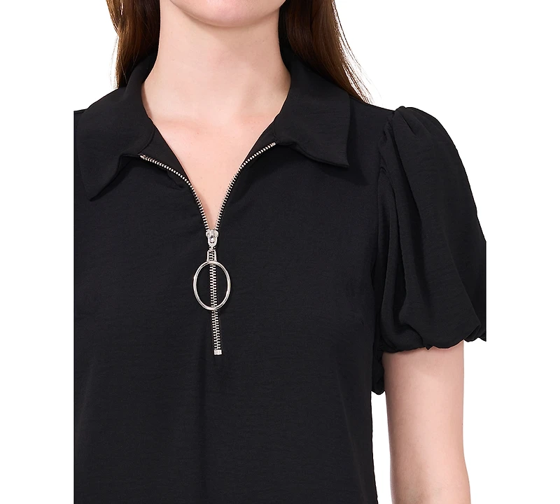 Msk Women's Collared Zip-Neck Puff-Sleeve Dress