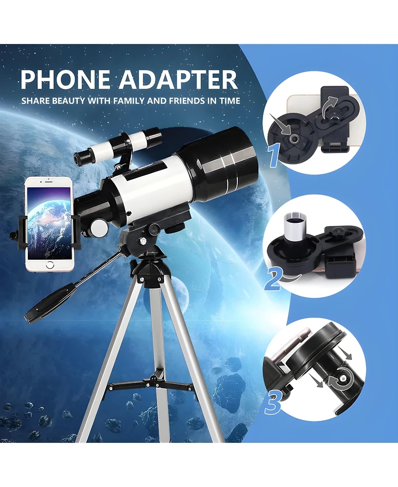 Portable 70mm Refractor Telescope for Adults & Kids - 15X-150X Magnification with Phone Adapter and Wireless Remote