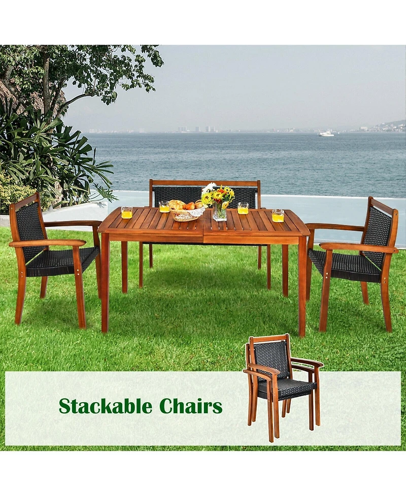 Vebreda 4 Pieces Acacia Wood Patio Rattan Dining Furniture Set